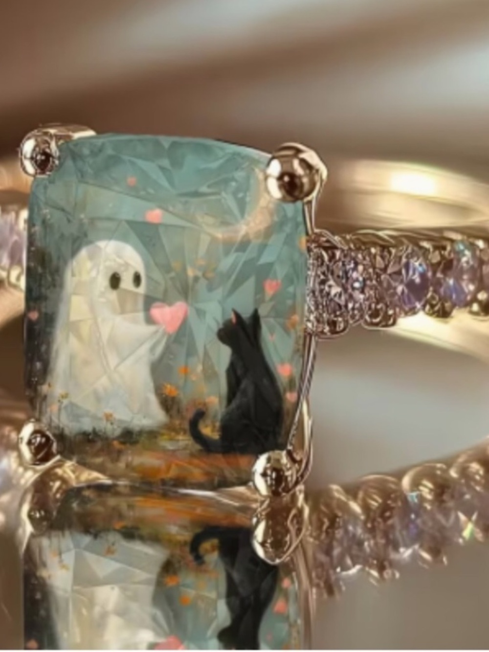 NEw! Boho ghost and black cat ring